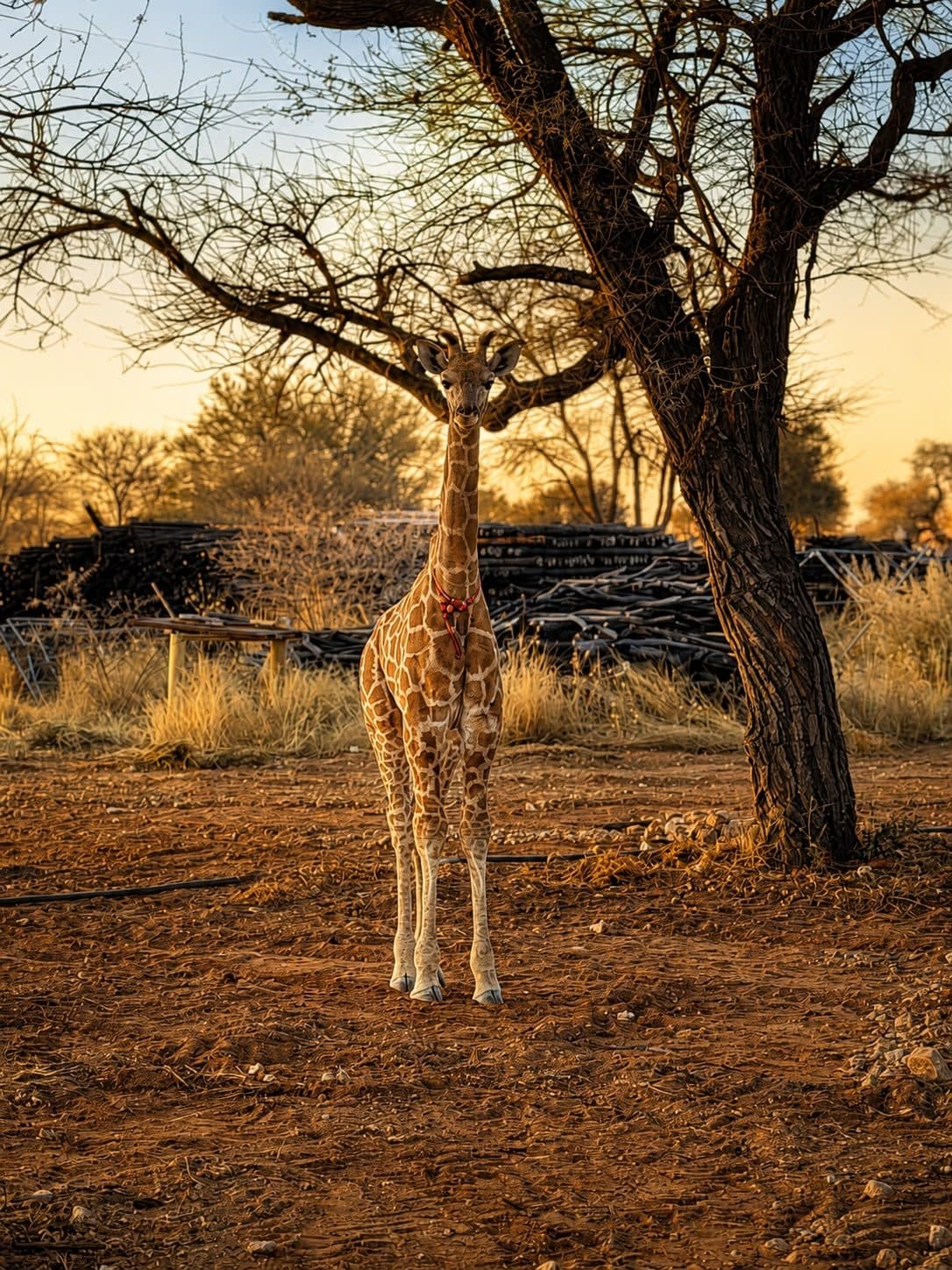 Eine junge Giraffe steht im Abendlicht unter einem Baum auf rotem Sand.