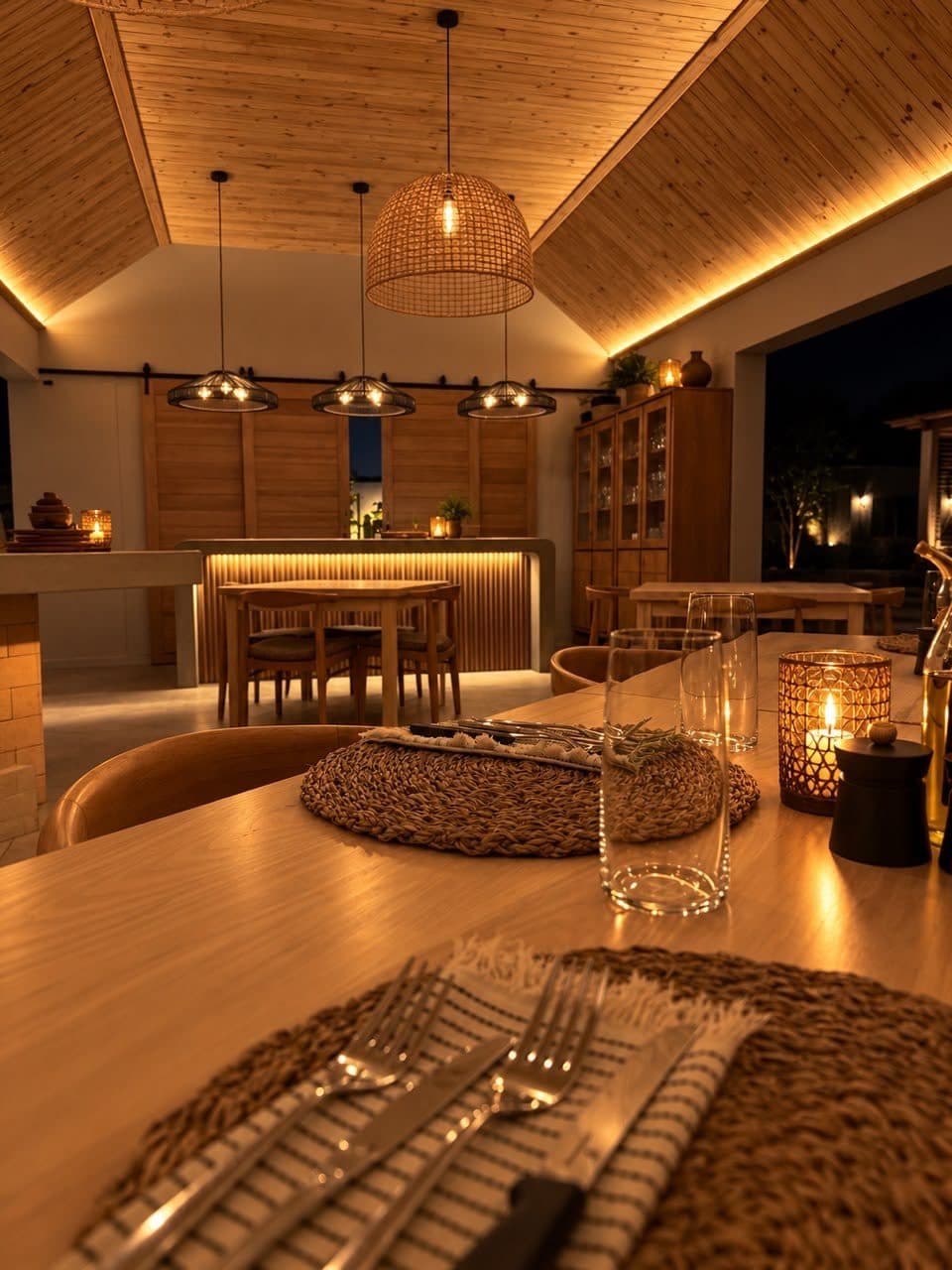 Gedeckter Tisch in der Lapa am Abend, dahinter die Bar unter der beleuchteten Holzdecke.