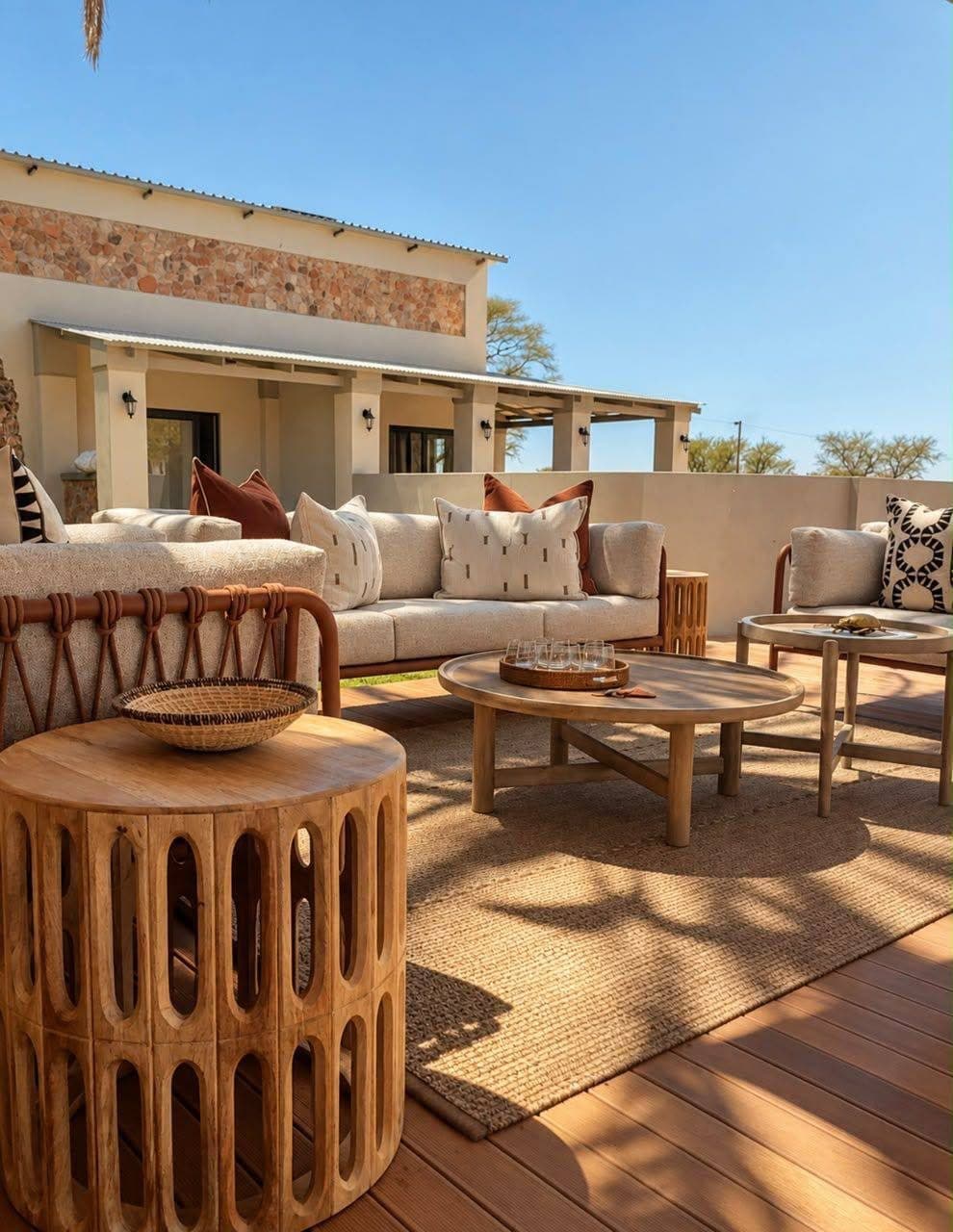 Lounge-Deck mit Sofas und Holztischen vor dem Farmhaus mit Natursteinband und Veranda.
