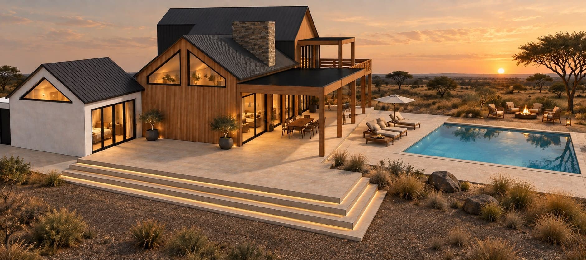 Visualisierung der geplanten Villa im Abendlicht: Holzfassade mit dunklem Dach und großen Glasfronten, davor eine breite Terrasse mit Stufen, daneben Pool, Liegen und Feuerstelle in der Savanne.