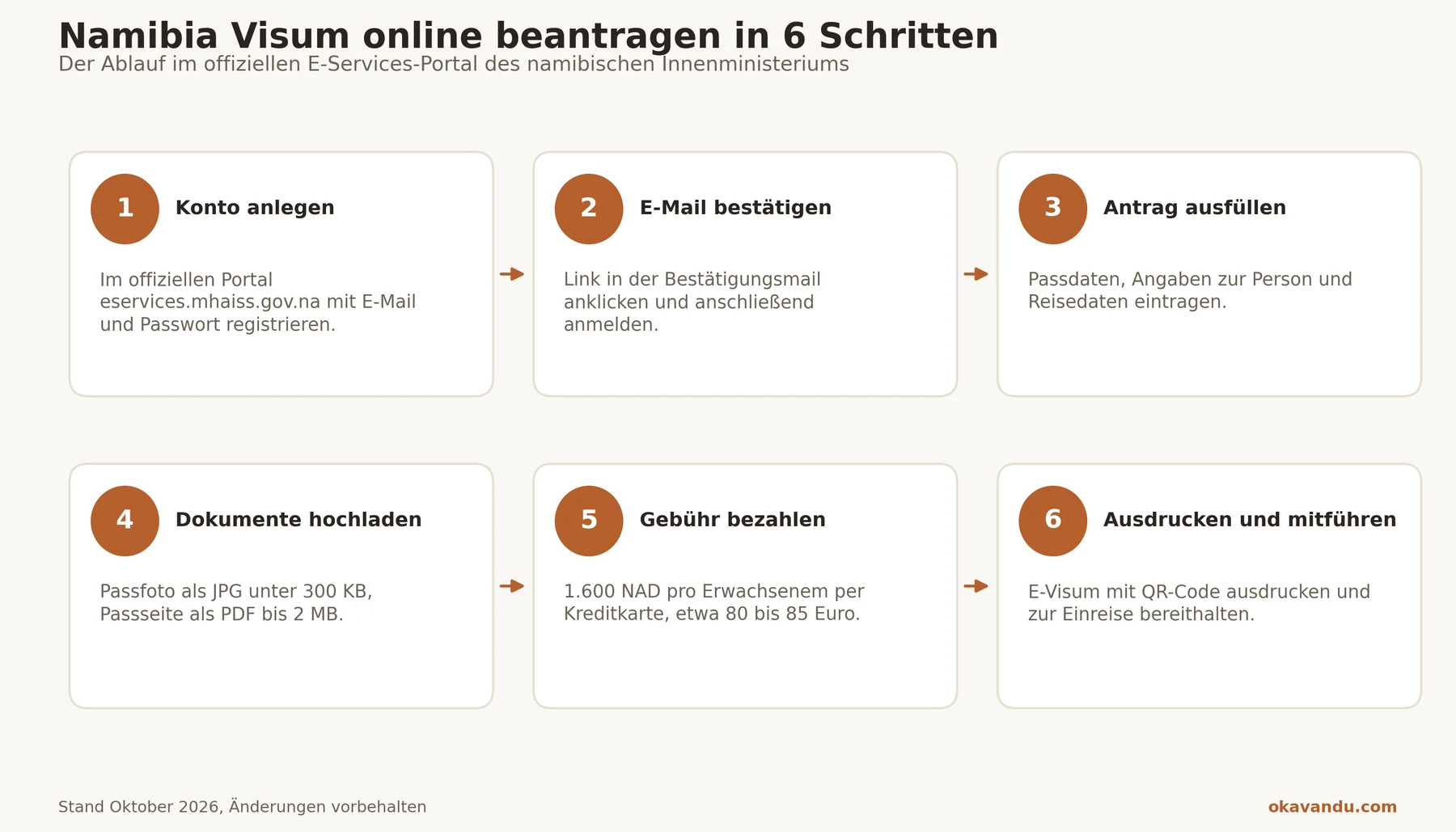 Infografik mit den sechs Schritten zum Namibia Visum von der Registrierung bis zum Ausdruck des E-Visums